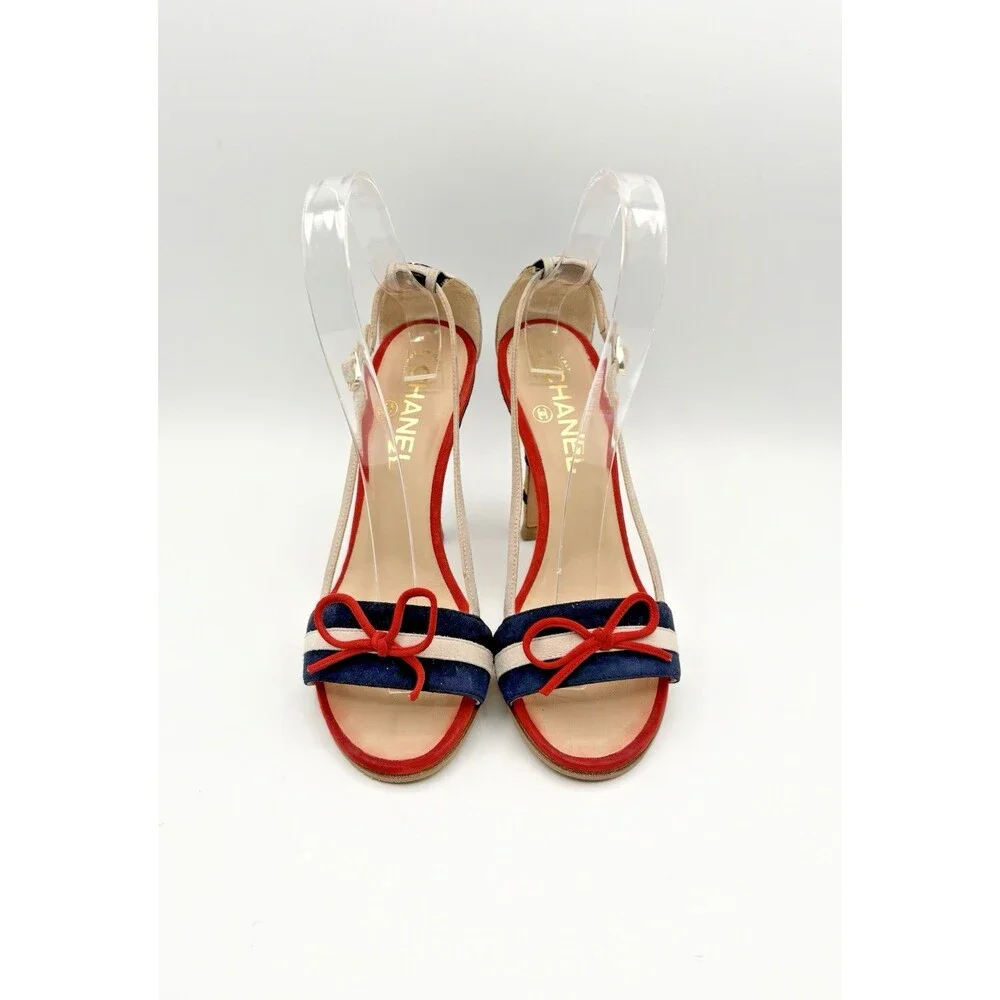 Chanel Navy & Red Suede & Cork Striped Sandals CC Logo Heel Nautical Size EU 36